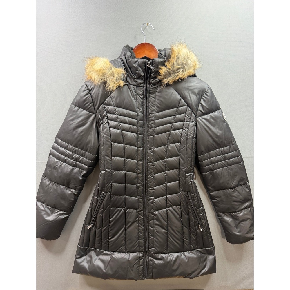 Guess‎ Puffer Jacket Womens Black Faux Fur Trim Hood Quilted Coat M